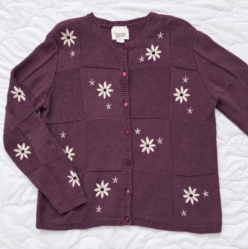 Christopher & Banks Hand Embroidered Daisy Cardigan Purple Floral Sweater M
